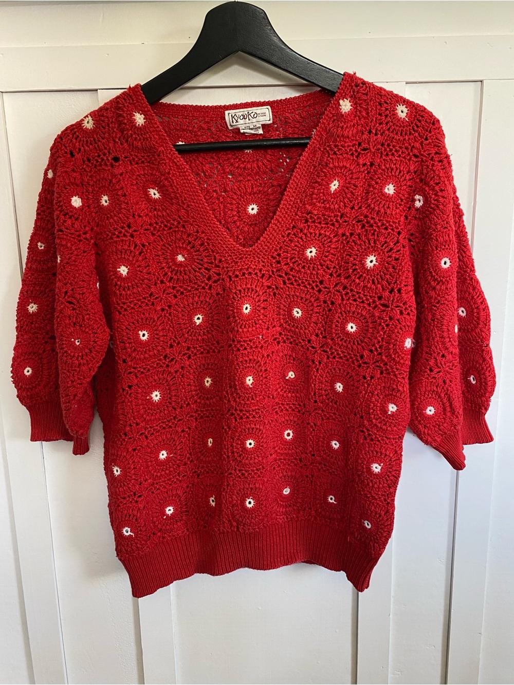 Vintage KyouKo Design Studio Crochet Knit Red Granny Squares Puffed Short Sleeve